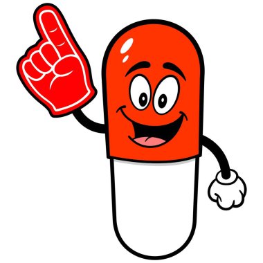 Bir Köpük El ile Pill Maskot - Bir Hap Maskotu bir karikatür illüstrasyon.