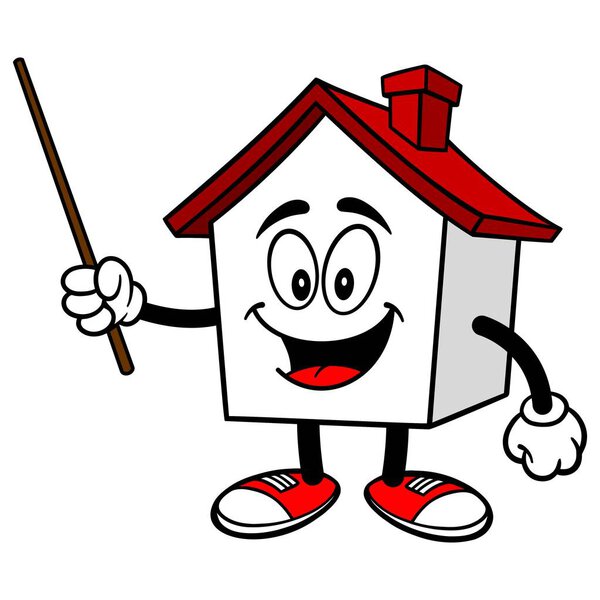 House with a Pointer Stick - A cartoon illustration of a House Mascot.
