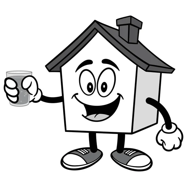 房子与一杯水插图 房子吉祥物的卡通插图 — 图库矢量图片
