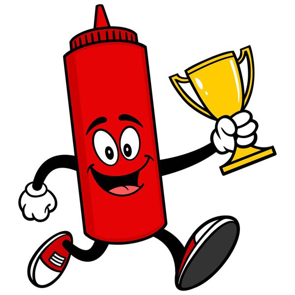 Кетчуп работает с трофеем - мультяшная иллюстрация талисмана бутылки Кетчупа
.