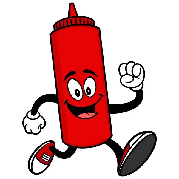 Ketchup Running Una Ilustración Dibujos Animados Una Mascota Botella Ketchup — Vector de stock