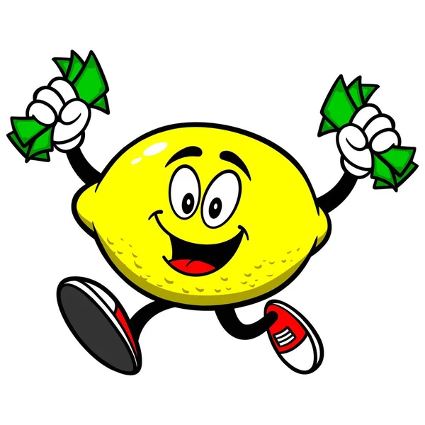Zitrone Läuft Mit Geld Eine Karikatur Eines Zitronen Maskottchens — Stockvektor