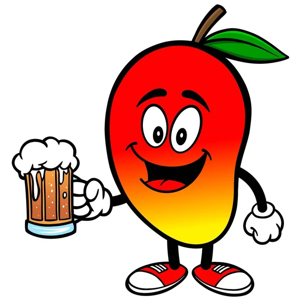 芒果与一杯啤酒 芒果吉祥物的卡通插图 — 图库矢量图片