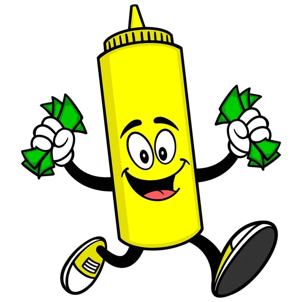 Mustard Running Money Cartoon Illustration Mustard Bottle Mascot — Stock Vector
