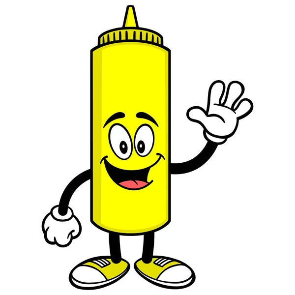 Mustard Waving Une Illustration Bande Dessinée Une Mascotte Bouteille Moutarde — Image vectorielle