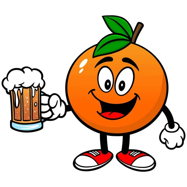 Orange Mit Einem Becher Bier Eine Zeichentrickillustration Eines Orangen Maskottchens — Stockvektor