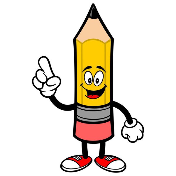 Pencil Pointing - A cartoon illustration of a Pencil Mascot.