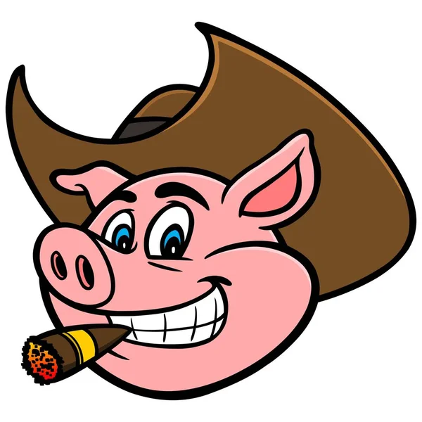 Pig Cowboy Hat Cigar Cartoon Illustration Pig Mascot — Stock Vector