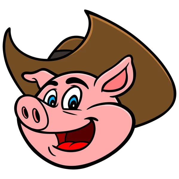 Świnia Kowbojskim Kapeluszem Ilustracja Kreskówki Świnia Maskotka — Wektor stockowy