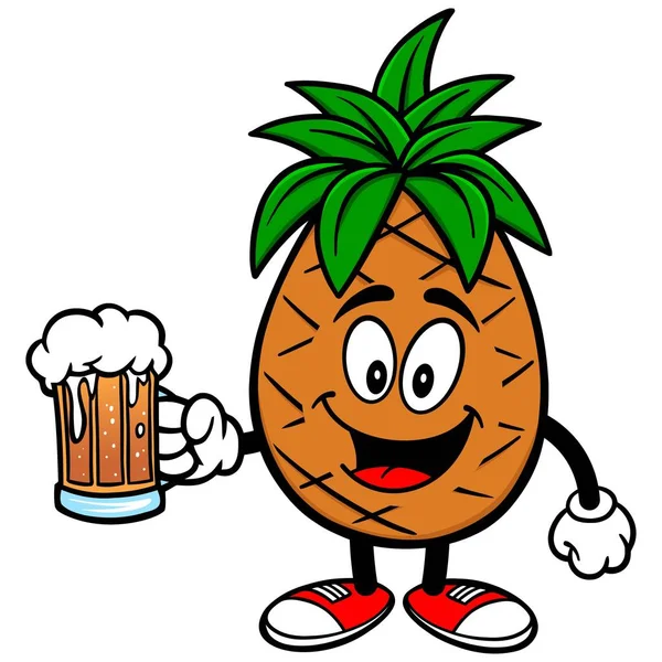 菠萝与一杯啤酒 菠萝吉祥物的卡通插图 — 图库矢量图片