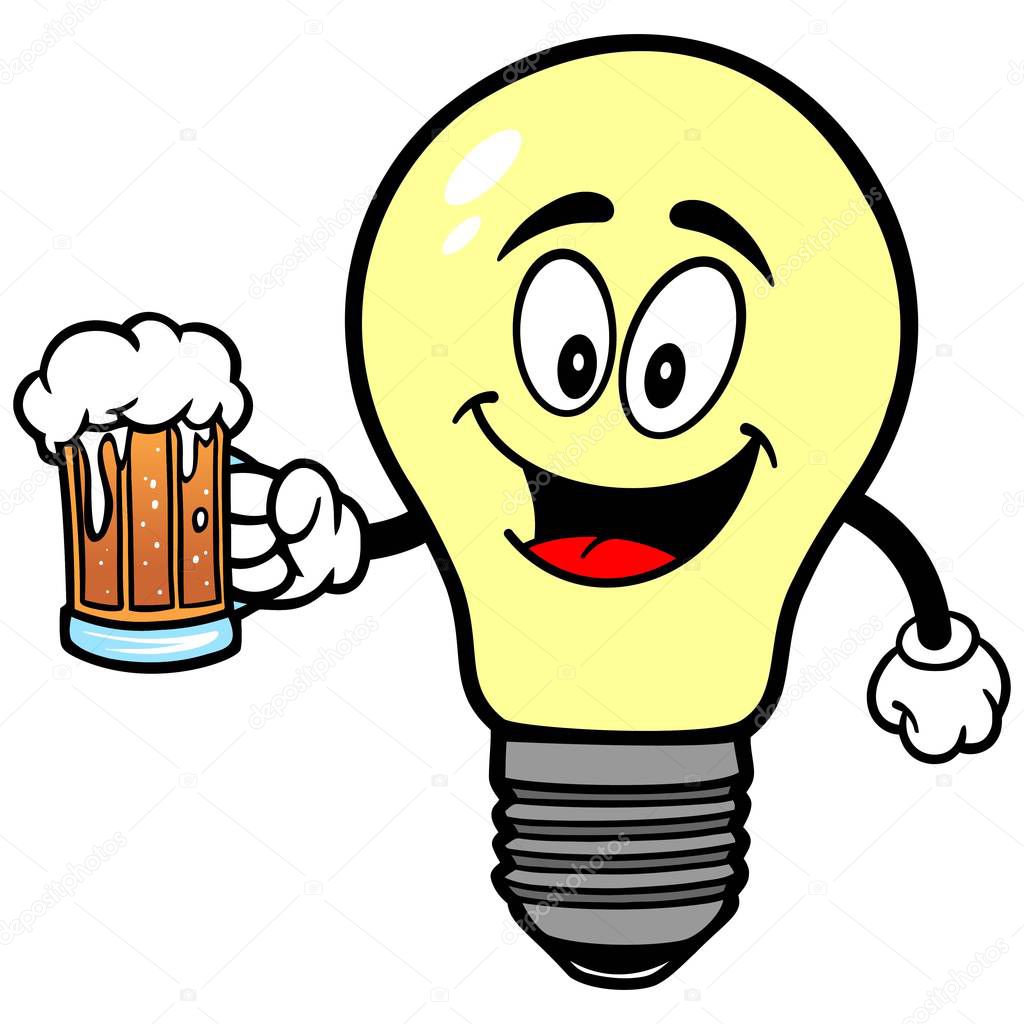 Light Bulb with a mug of Beer - A cartoon illustration of a Light Bulb Mascot.