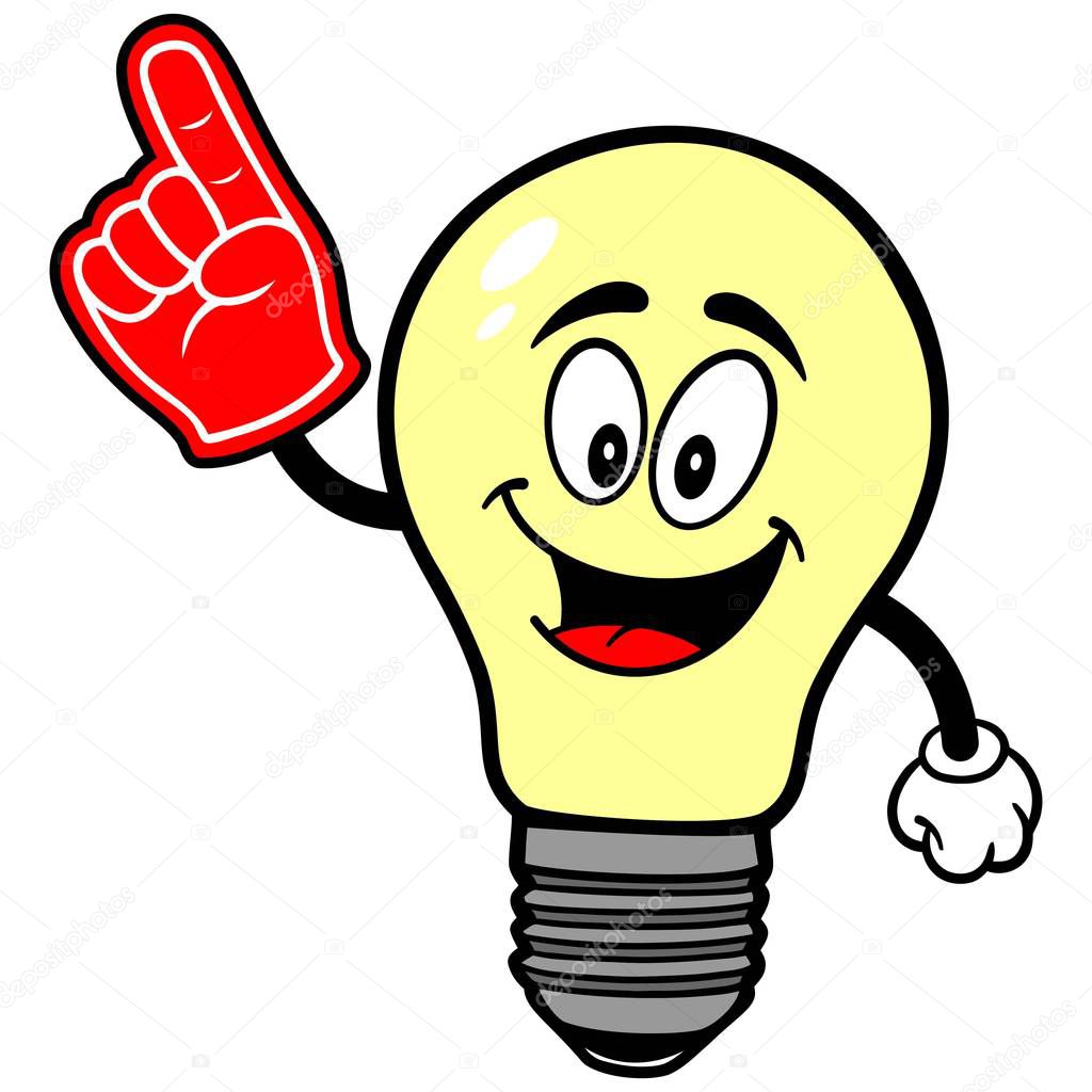 Light Bulb with a Foam Hand - A cartoon illustration of a Light Bulb Mascot.