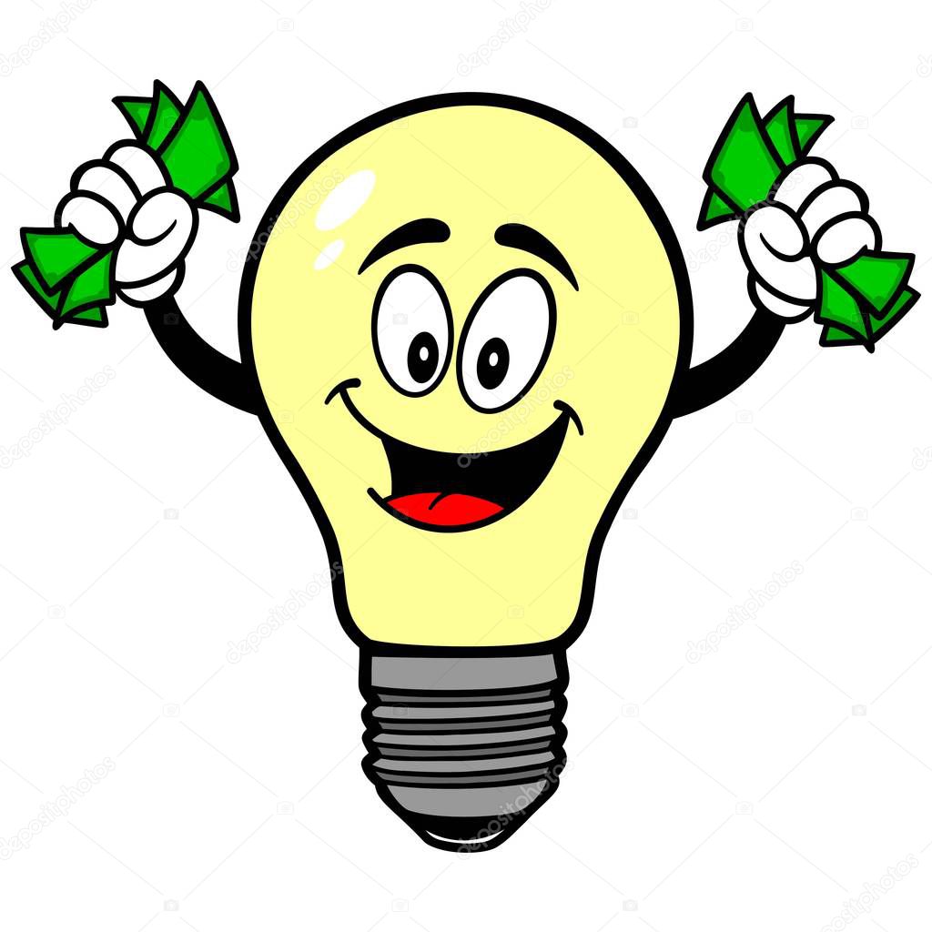 Light Bulb with Money - A cartoon illustration of a Light Bulb Mascot.