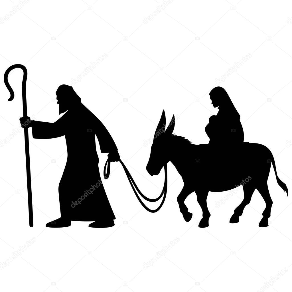 Mother Mary and Joseph Silhouette - A cartoon illustration of a Mother Mary, Joseph and Baby Jesus.