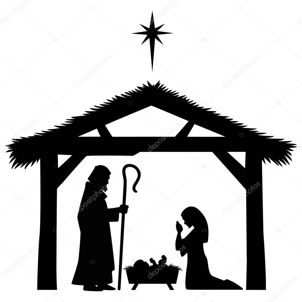Mary, Joseph and Baby Jesus Silhouette - A cartoon illustration of a Mary, Joseph and Baby Jesus.