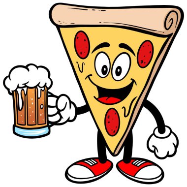 Bir kupa bir kupa ile Pizza - Pizza Maskot bir karikatür illüstrasyon.