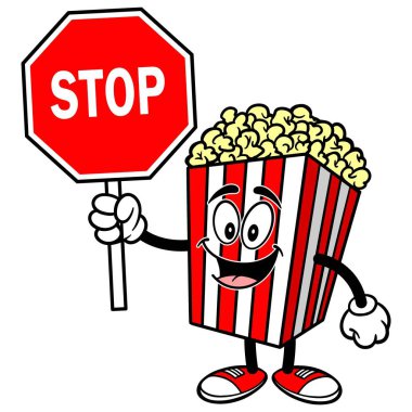 Stop Sign ile Patlamış Mısır - Bir Popcorn Maskot bir karikatür illüstrasyon.