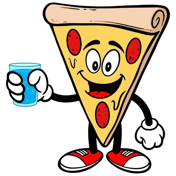 Pizza Met Een Glas Water Een Cartoon Illustratie Van Een — Stockvector