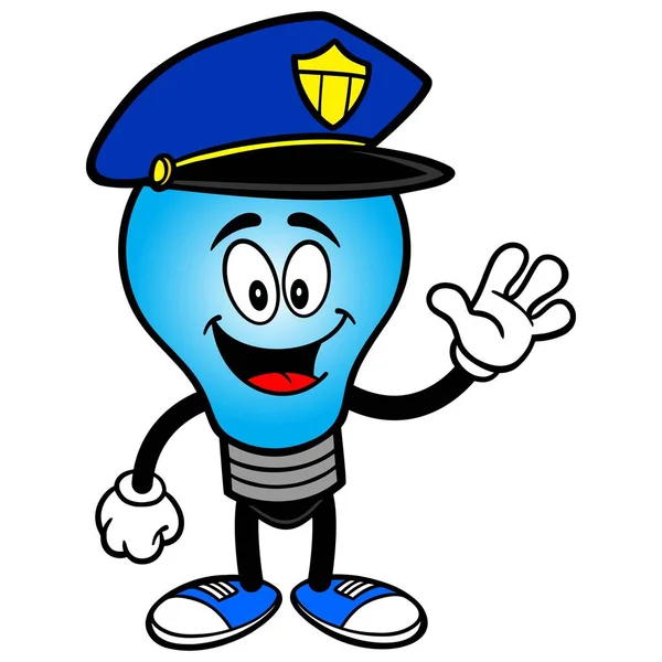 Bulbo Polícia Acenando Uma Ilustração Desenho Animado Uma Mascote Bulbo — Vetor de Stock