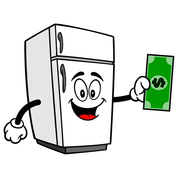 Kühlschrankmaskottchen Mit Einem Dollar Eine Karikatur Eines Kühlschrankmaskottchens — Stockvektor