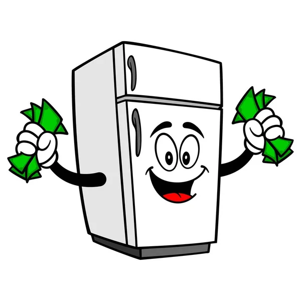 Kühlschrankmaskottchen Mit Geld Eine Karikatur Eines Kühlschrankmaskottchens — Stockvektor