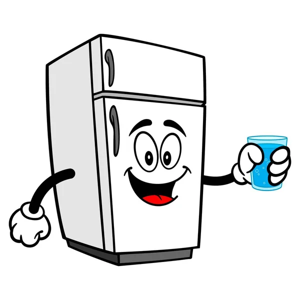 Hűtőszekrény Mascot Gazdaság Egy Pohár Víz Rajzfilm Illusztrációja Hűtőszekrény Kabala — Stock Vector