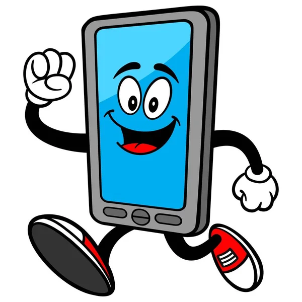 Smartphone Mascot Futás Karikatúra Illusztrációja Smartphone Kabalája — Stock Vector