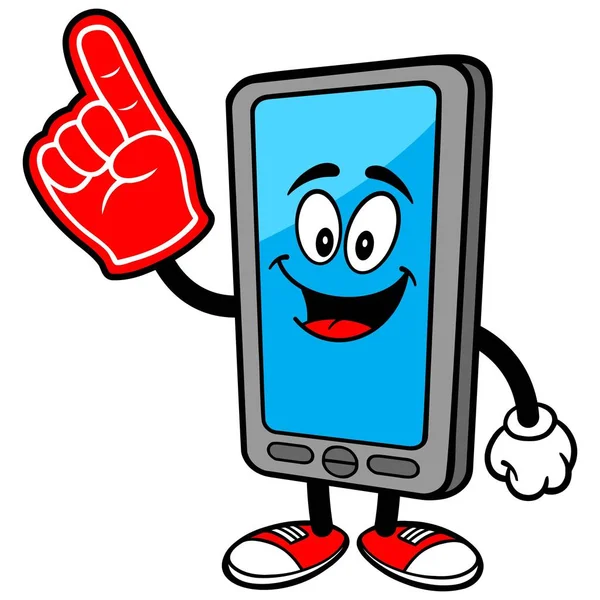 带泡沫手的智能手机吉祥物 智能手机吉祥物的卡通插图 — 图库矢量图片