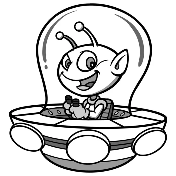 スペースエイリアン スペースエイリアンと彼の空飛ぶ円盤の漫画のイラスト — ストックベクタ