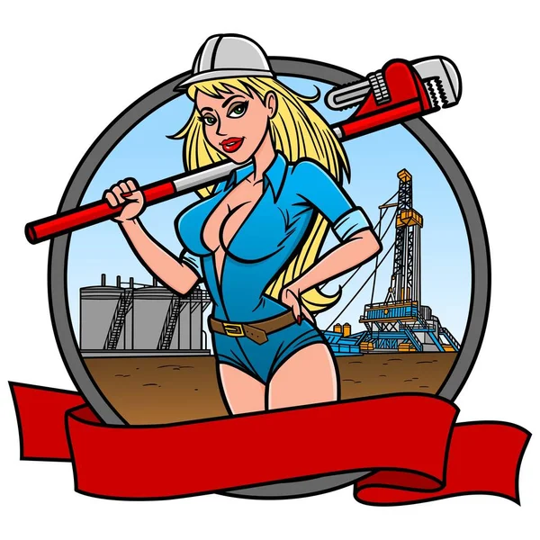 Femmina Oil Worker Fumetto Illustrativo Una Lavoratrice Petrolifera — Vettoriale Stock