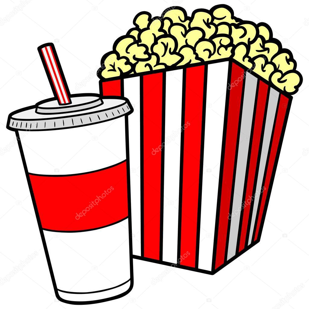 Popcorn and Soda - A cartoon illustration of a Popcorn Mascot.