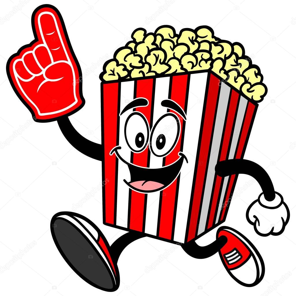 Popcorn Running with a Foam Hand - A cartoon illustration of a Popcorn Mascot.