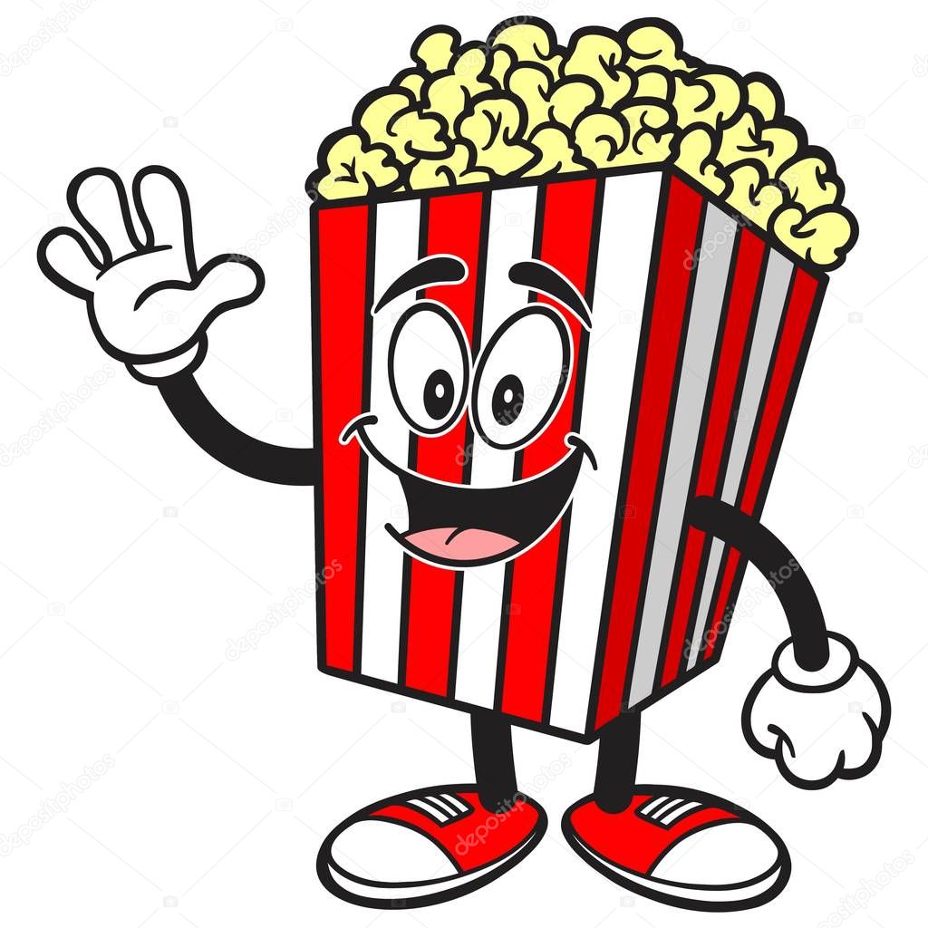 Popcorn Waving - A cartoon illustration of a Popcorn Mascot.