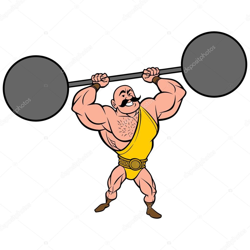 Strongman Lifting Weights - A cartoon illustration of a circus strongman lifting weights.