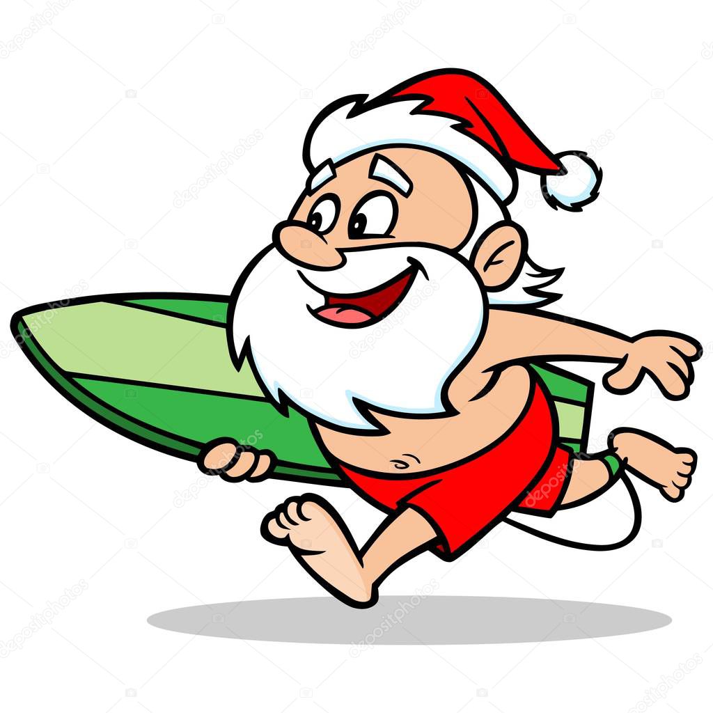 Surfing Santa - A cartoon illustration of a Santa with a Surfboard.