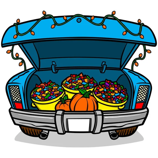 树干或治疗 万圣节糖果汽车后备箱负载的卡通插图 — 图库矢量图片
