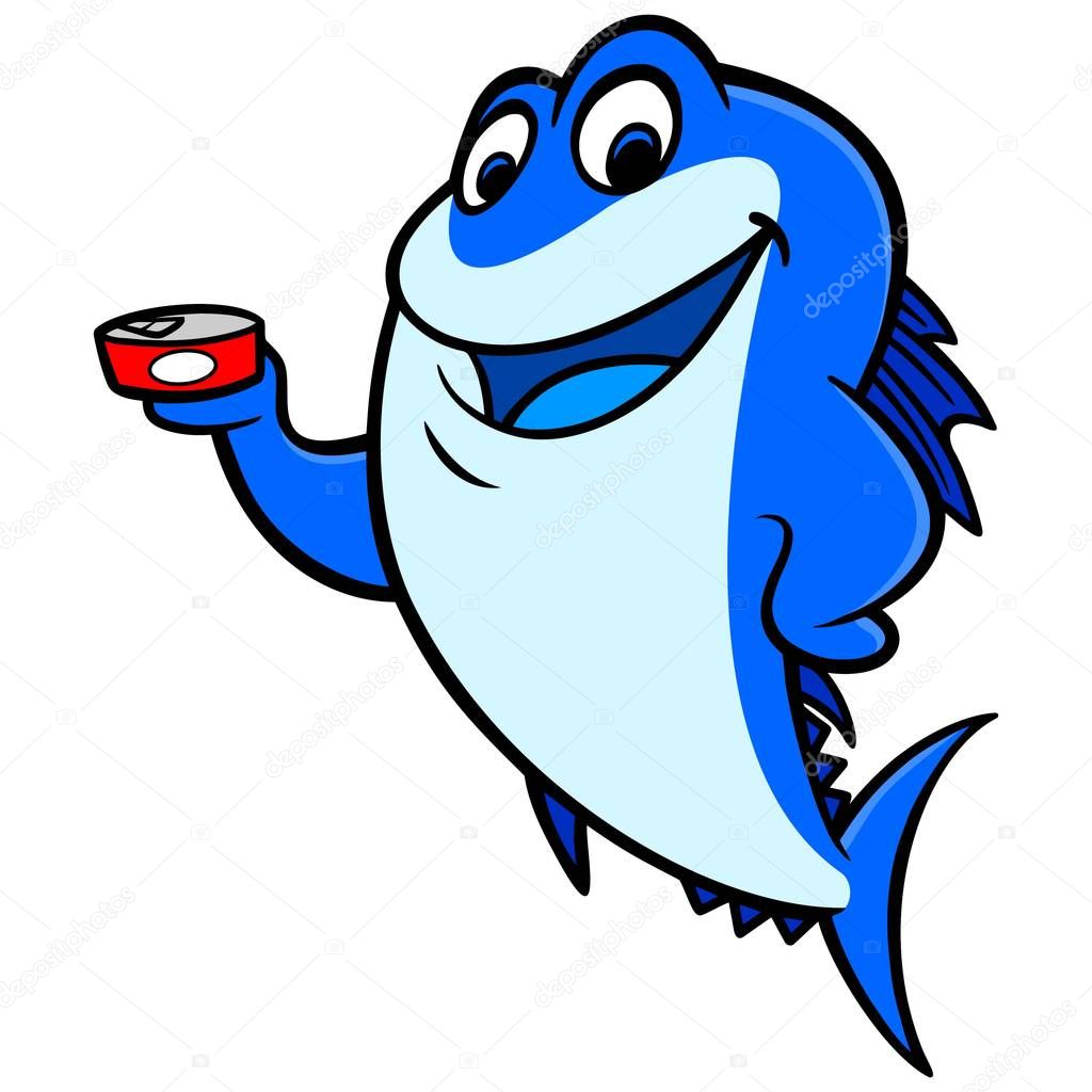 Tuna Mascot - A cartoon illustration of  Tuna fish mascot holding a can of Tuna.