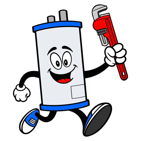 使用管道扳手运行的热水器 使用管道扳手运行的热水器吉祥物的卡通插图 — 图库矢量图片
