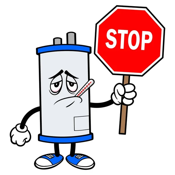 ストップサインで病気の給湯器 停止標識を持つ病気の給湯器マスコットの漫画のイラスト — ストックベクタ