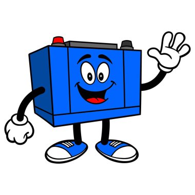 Araba AküSal Sallayarak - Bir Araba Akü Maskot bir karikatür illüstrasyon.