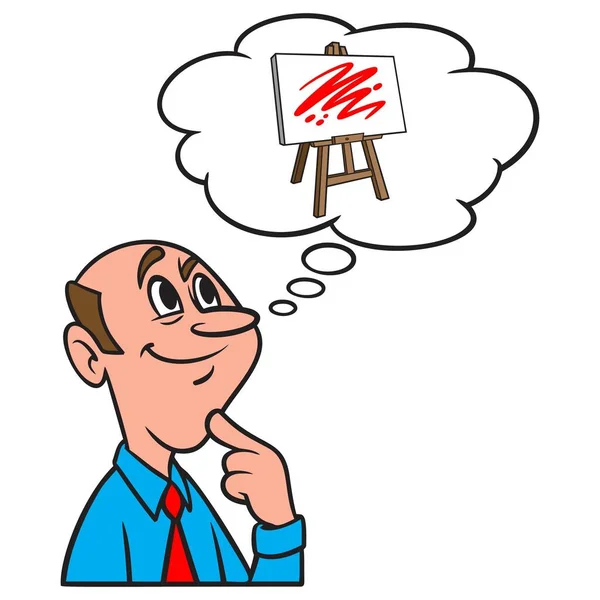 Pensando Cavalete Arte Uma Ilustração Desenho Animado Homem Pensando Cavalete — Vetor de Stock