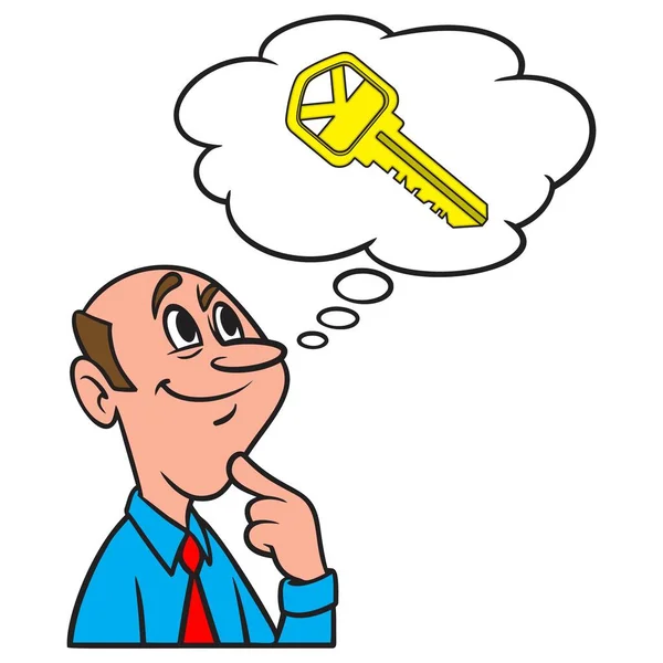 House Keyについて考える 新しいHouse Keyについて考える男の漫画のイラスト — ストックベクタ