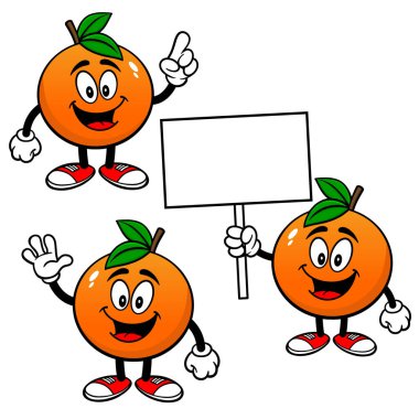 Turuncu Maskot Set 04, El Çizimi Portakal Maskotlarının çeşitli pozları.