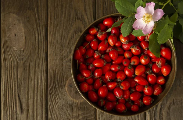 Rosehips in vintage brass bowl and a branch of rosehip bush with a pink rosehip flower on wooden brown background.