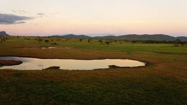 ケニアの国立公園内の水全体の周りの風光明媚な風景 — ストック写真