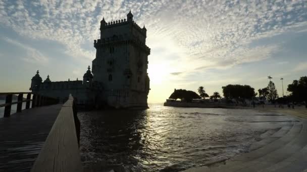 Lisbon Portekiz Ekim 2018 Yaklaşık Belem Kulesi Doğal Günbatımı — Stok video