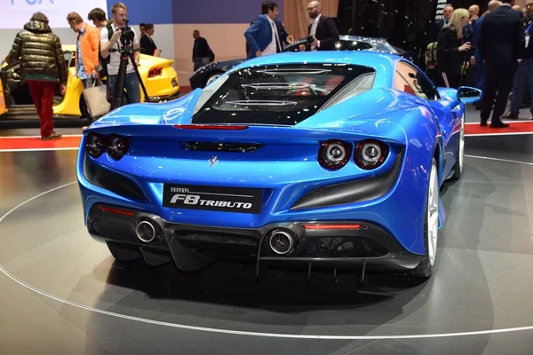 Ginevra, Svizzera - 04 marzo 2019: Ferrari F8 Tributo - Salone Internazionale dell'Automobile di Ginevra 2019 — Foto Stock