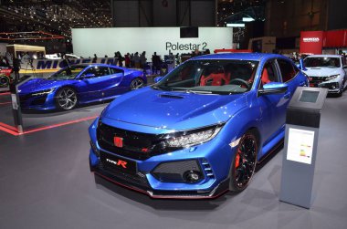 Cenevre, İsviçre - 05 Mart 2019: Honda Civic Type R - Cenevre Uluslararası Otomobil Fuarı 2019