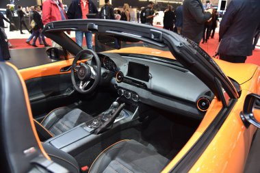 Cenevre, İsviçre - Mart 06, 2019: Mazda Mx-5 Roadster - Cenevre Uluslararası Otomobil Fuarı 2019