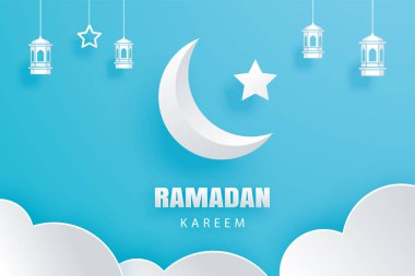 Ramazan Kareem tebrik kartı ay ve yıldız geleneksel fenerler arka plan. Eid Mubarak kağıt sanat banner illüstrasyon tasarımı. Kullanım İslam el ilanı, afiş, broşür, satış için. 